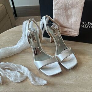 Badgley Mischka Ivory Satin Tie-Ankle Open-Toe Heels
